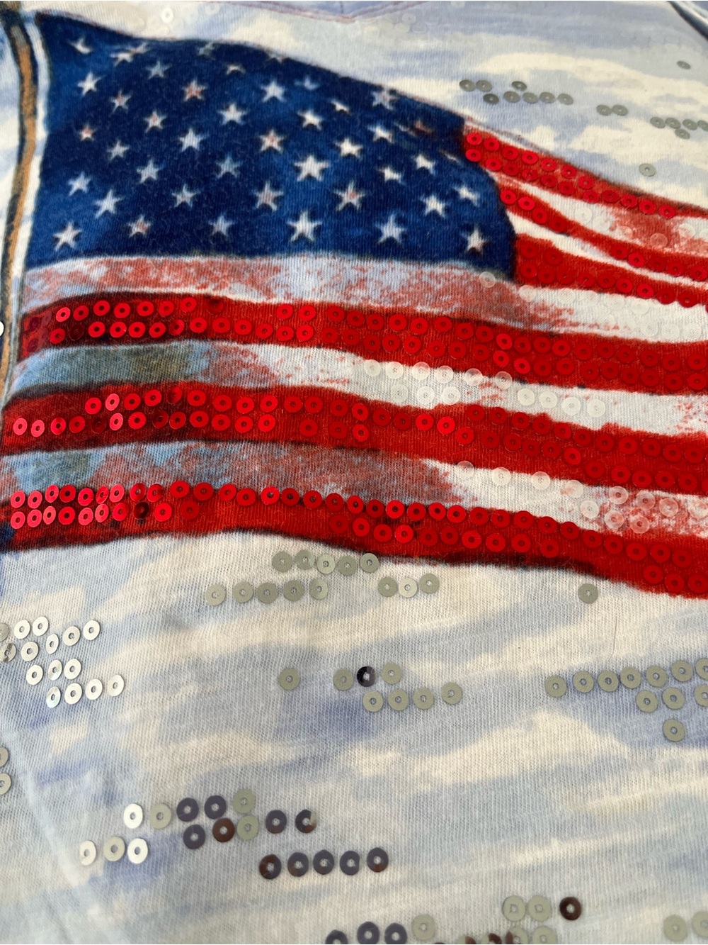 Onque Casual Petite Sequin American Flag Beach Tee Top Shirt Size PLarge - Picture 9 of 12